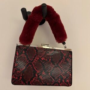 Red Snakeskin Patterned Handbag with Faux Fur Handle